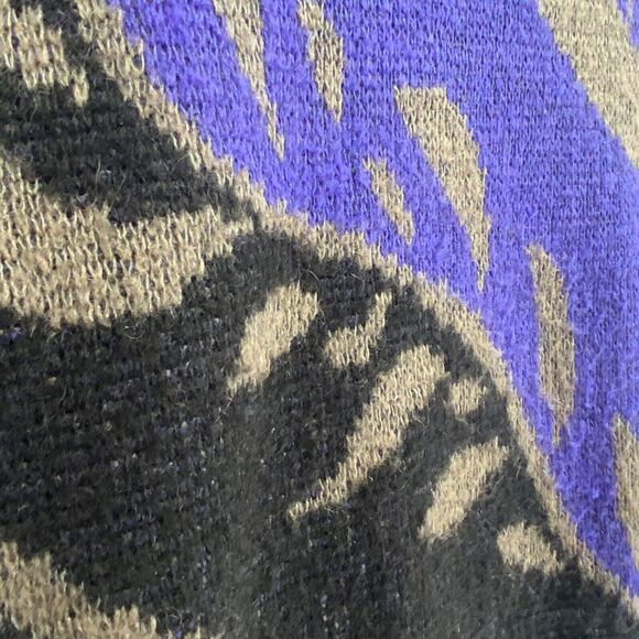 VTG 80s Mohair Wool Sweater Sm Abstract Short Slv Dolman Purple Black Italy Fuzz - Picture 9 of 12